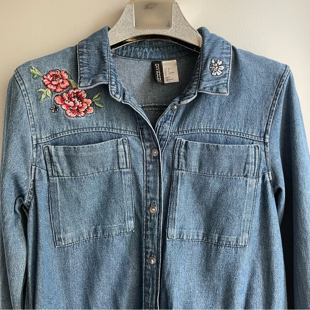 Boho Embroidered Denim Dress 100% Cotton Draw String Waist Long Sleeves size 4 - Picture 2 of 9